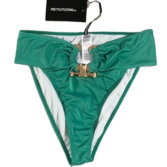 NWT Pretty Little Thing Green Gold Hammer Detail Bikini Bottoms Sz 6 - Picture 4 of 9